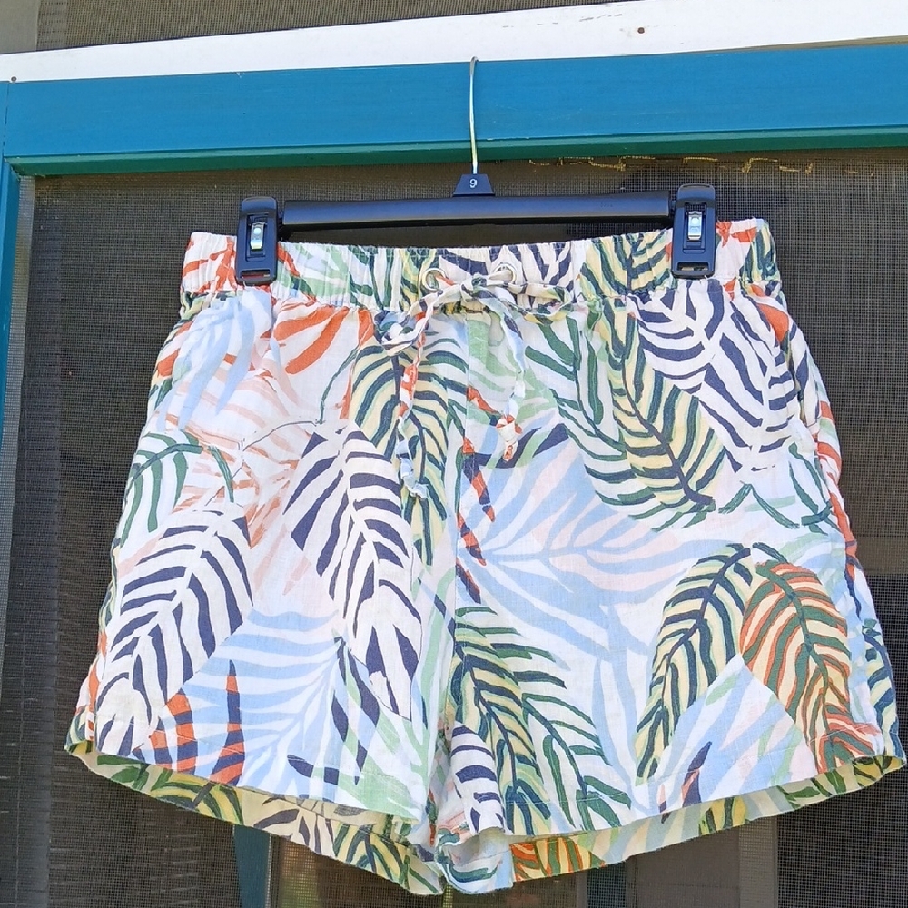 Tahari 100% Linen Tropical Shorts Size L Multicolor Leaf Design